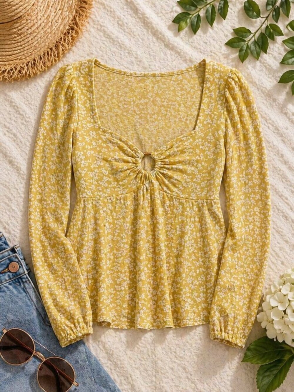 American Eagle Yellow Floral Peplum Top Keyhole Front Cottagecore S